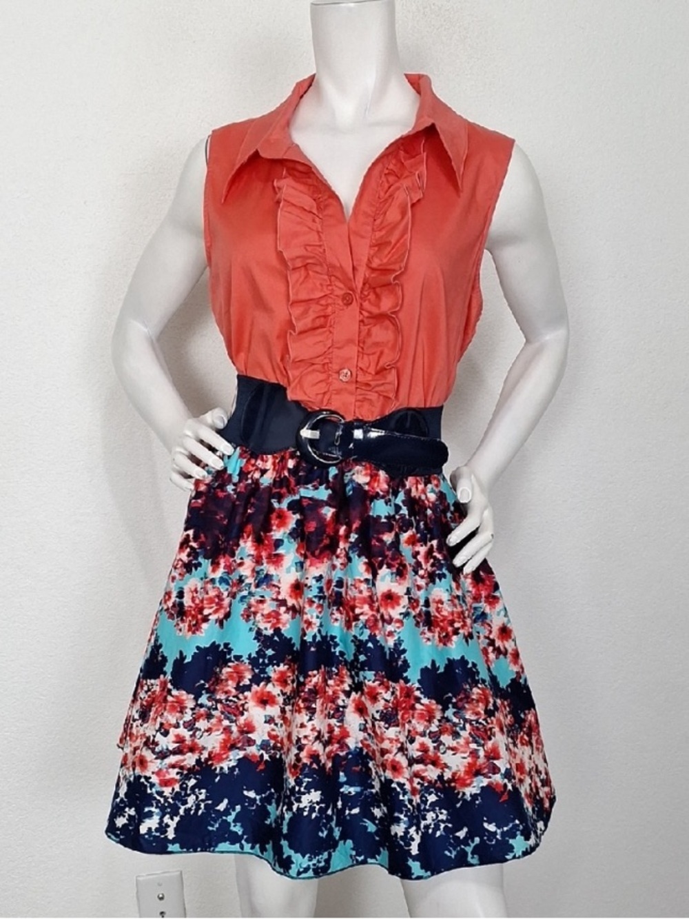 Bailey Blue Orange Multicolor Floral Ruffle Front Retro Belted Dress Size XL